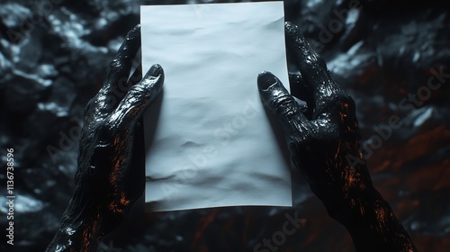 Scary black hands hold a blank sheet of paper, created with Generative AI technology photo