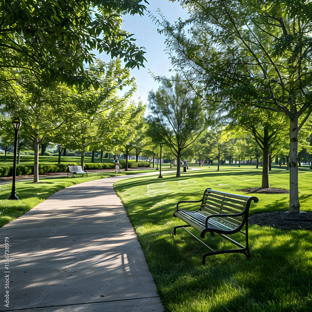 Tranquil Modern Recreational Park with Greenery, Benches, and Shaded Pathways for Community Relaxation and Leisure Activities Tranquil Modern Recreational Park with Greenery, Benches, and Shaded Pathways for Community Relaxation and Leisure Activities