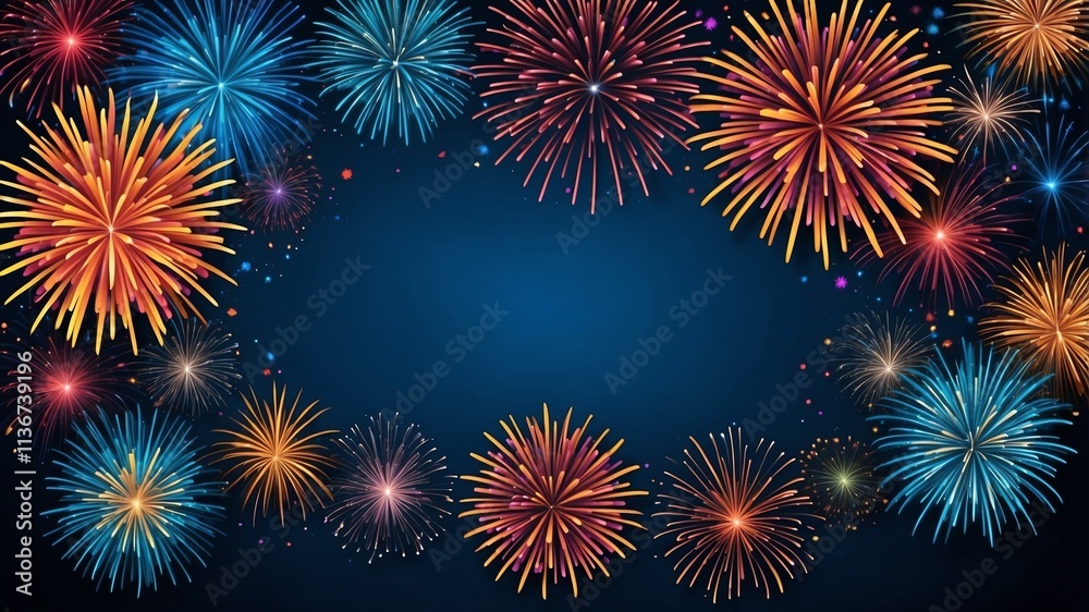 Fototapeta premium blue background with border frame of colorful fireworks