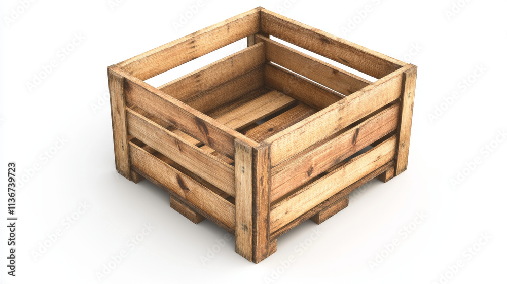 Wooden box or empty crate 3D vector isolated icon. Wood tray for farm fruit or vegetable, timber plank container for market storage, pallet for delivery, top angle view Wooden box or empty crate 3D vector isolated icon. Wood tray for farm fruit or vegetable, timber plank container for market storage, pallet for delivery, top angle view
