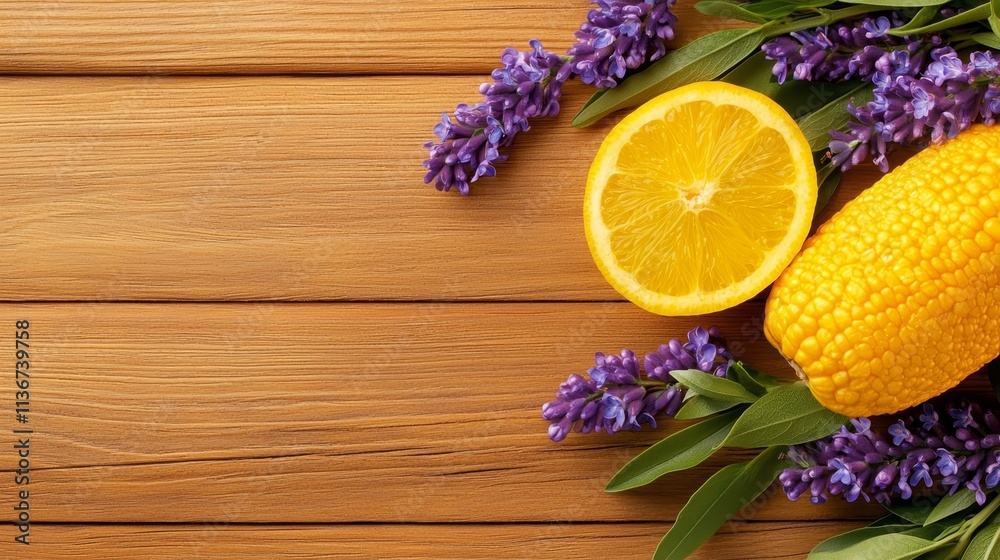 A bunch of lemons and lavender flowers on a wooden table
