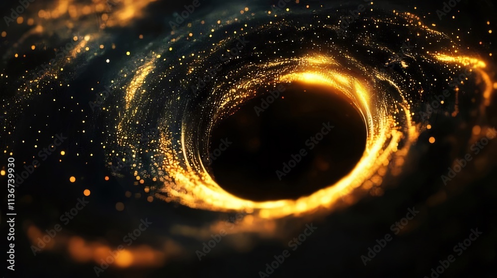Abstract swirling vortex of golden particles and dark space. Abstract swirling vortex of golden particles and dark space.