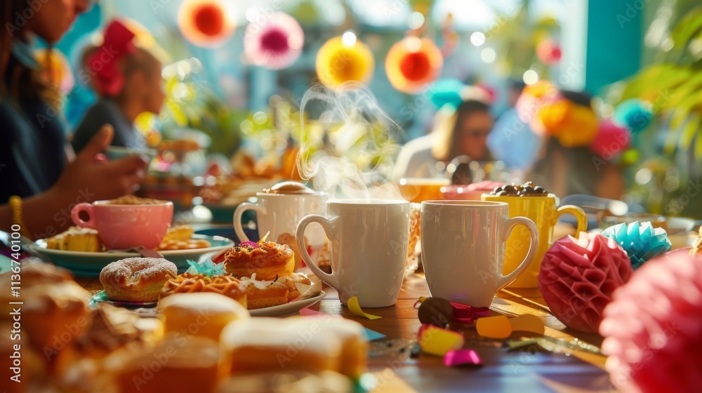 Steaming white coffee mugs surrounded by pastries and colorful decorations on a festive wooden table during a party gathering