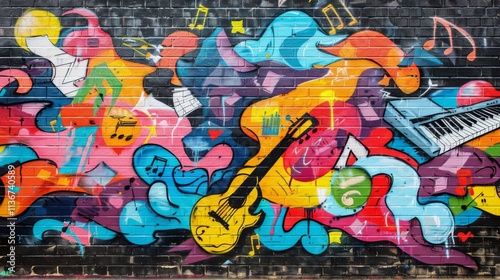 Colorful graffiti mural featuring guitars, keyboards, music notes, and vibrant abstract shapes