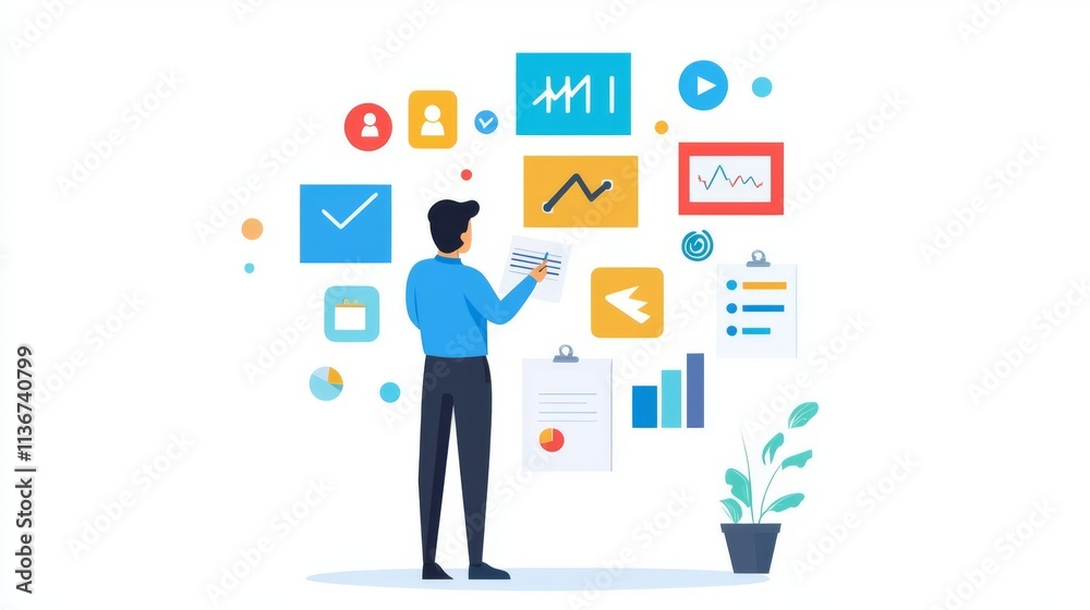 Person analyzing data with various graphics. Person analyzing data with various graphics.