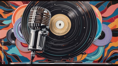 Retro microphone with colorful vinyl records and turntable in a vibrant musical artwork