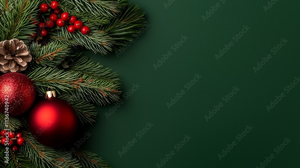 A green background with red ornaments and pine cones A green background with red ornaments and pine cones