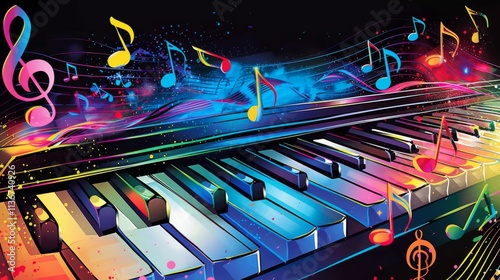 Brightly lit piano keys with colorful music notes and artistic neon sound waves