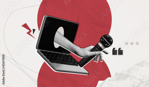 Trendy Halftone Collage Online Broadcasting concept. Computer laptop and hand holding microphone from screen. News and interview. Talking in podcast. Streaming service. Contemporary vector art