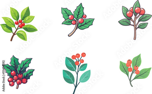 Set of Christmas Festive Holly Branches With Colorful Leaves and Red Berries