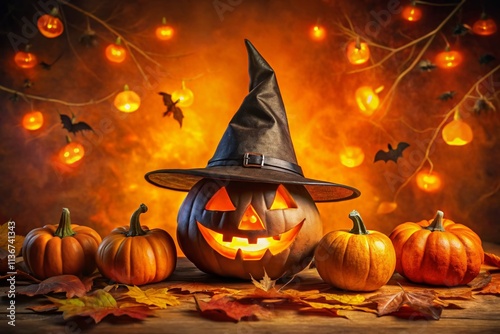 Witch's Hat, Jack-o'-lantern, Orange Background - Spooky Autumn Conceptual Photography photo