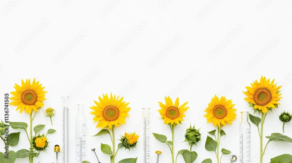 Fototapeta premium Sunflowers with scientific tools and rulers.