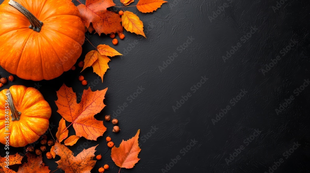 pumpkins and autumn leaves on a black background pumpkins and autumn leaves on a black background