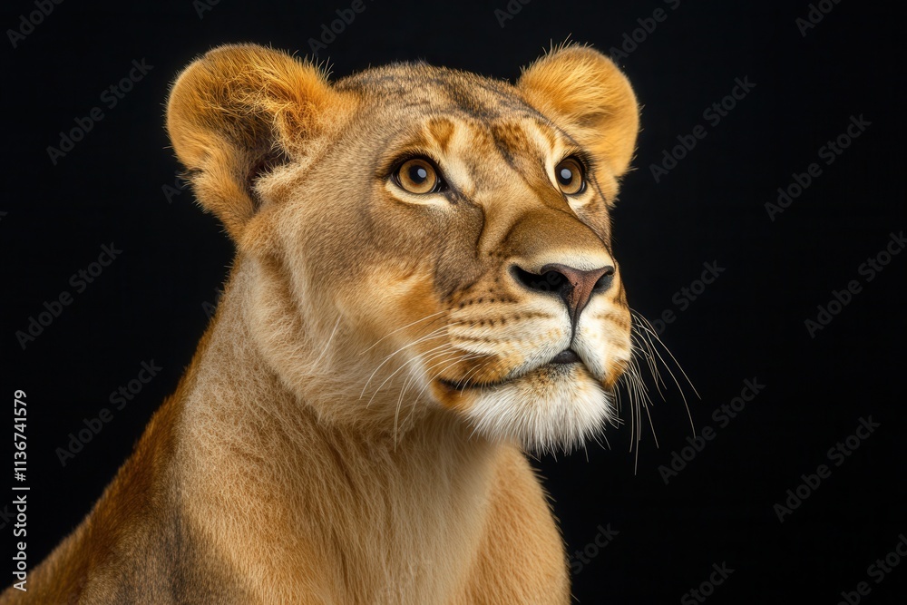 An animal portrait featuring a lion, with a detailed focus on its face, presented in high quality against a black backdrop An animal portrait featuring a lion, with a detailed focus on its face, presented in high quality against a black backdrop
