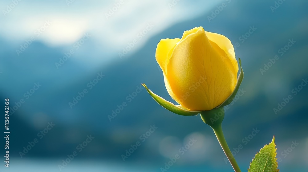 A single yellow rose bud with a blue sky in the background A single yellow rose bud with a blue sky in the background