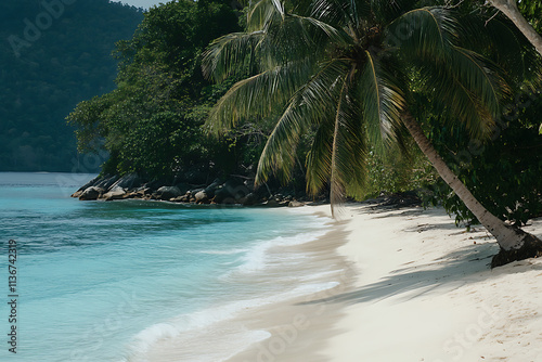 A Tropical Beach with Crystal-Clear Turquoise Waters and Palm Trees. photo