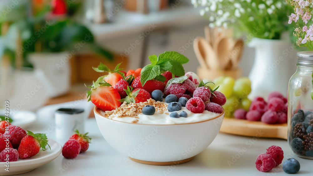 A bowl of fresh, red strawberries and berries atop a bed of creamy yogurt and crunchy granola, healthy and delicious breakfast, nutrition concept. A bowl of fresh, red strawberries and berries atop a bed of creamy yogurt and crunchy granola, healthy and delicious breakfast, nutrition concept.