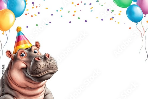 A joyful hippo wearing a party hat, surrounded by colorful balloons and confetti. photo