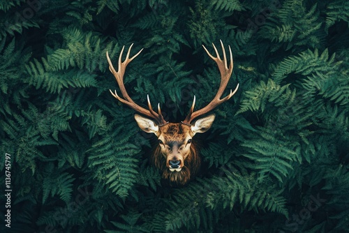 The deer bellows in the forest, hunting as the king of the woods, a noble cervid surrounded by ferns photo