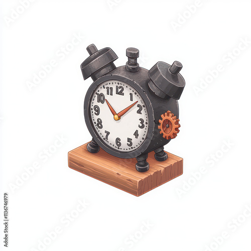 vintage alarm clock with wooden base and mechanical gears, showcasing unique design photo