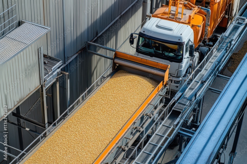 Grain Elevator Truck Unloading Corn Harvest at Industrial Facility Grain Elevator Truck Unloading Corn Harvest at Industrial Facility