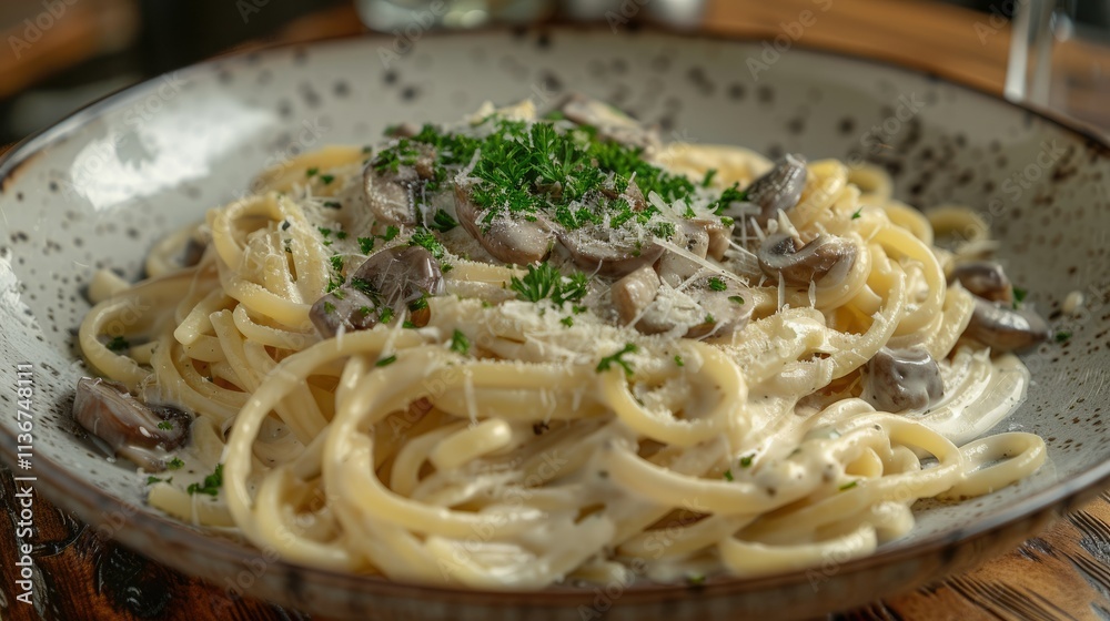 A delicious plate of creamy pasta topped with mushrooms and herbs. A delicious plate of creamy pasta topped with mushrooms and herbs.