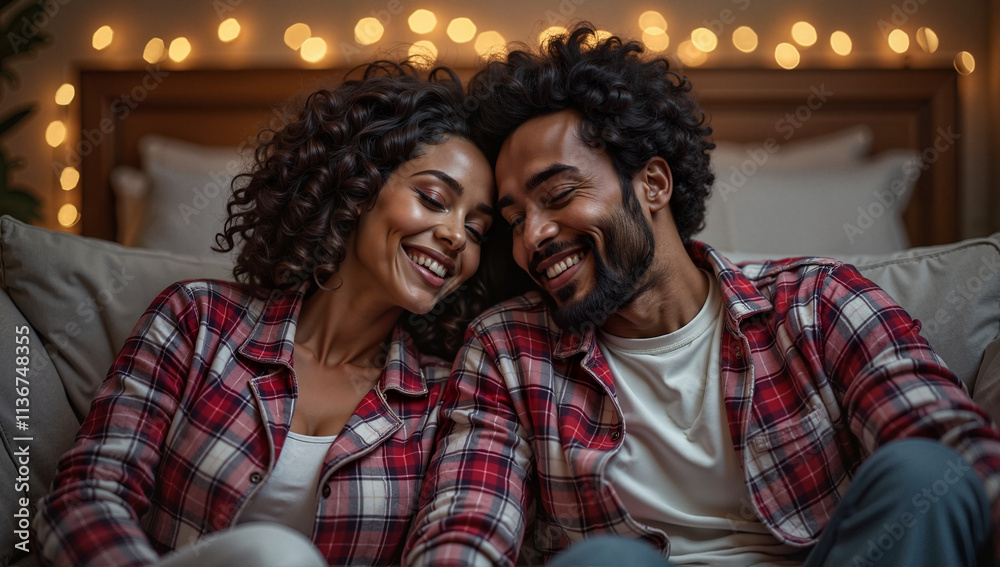 Smiling couple in matching plaid pajamas relaxing together at home
Smiling couple in matching plaid pajamas relaxing together at home