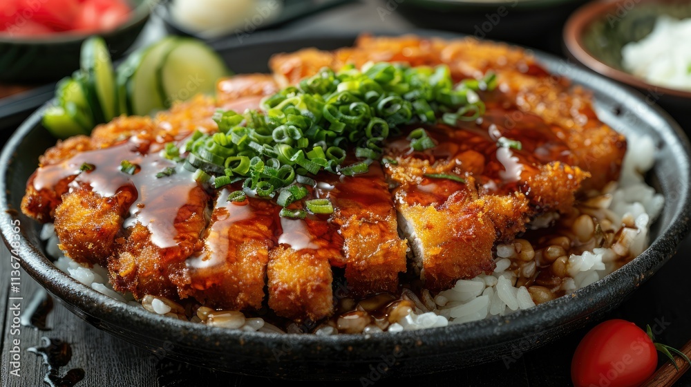 A delicious plate of crispy fried chicken on rice, topped with green onions and sauce. A delicious plate of crispy fried chicken on rice, topped with green onions and sauce.