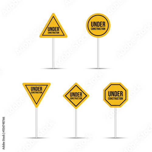 Under construction yellow color warning sign isolated on a white background. Five different types of billboard design for construction site. Under construction traffic sign with a silver color pole.