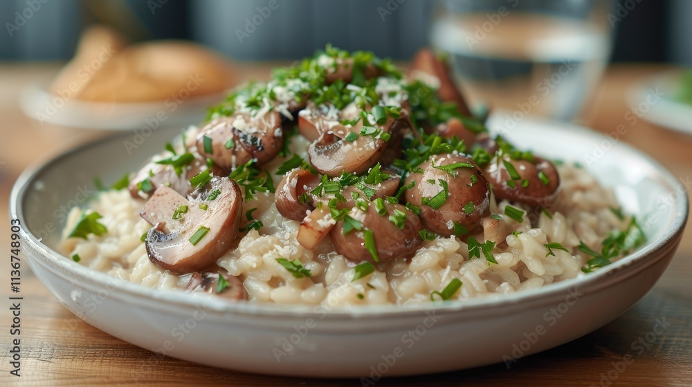 A delicious plate of mushroom risotto topped with herbs and served in a bowl. A delicious plate of mushroom risotto topped with herbs and served in a bowl.