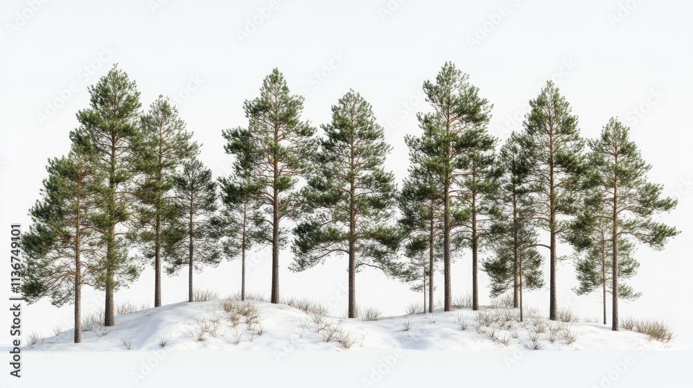 Winter Pine Trees on Snowy Hill Isolated on White Background Winter Pine Trees on Snowy Hill Isolated on White Background
