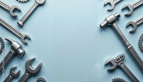 Blue background with scattered metal tools
