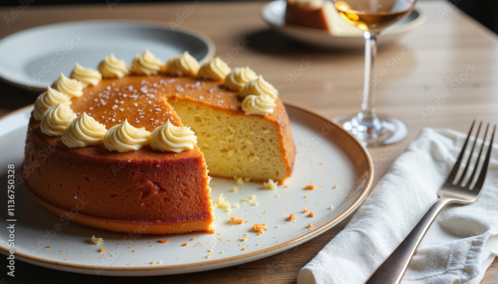 Delicious homemade cake with creamy frosting and slice removed on elegant plate with glass of wine Delicious homemade cake with creamy frosting and slice removed on elegant plate with glass of wine
