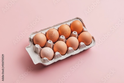 Dozen of eggs in a standard carton. Colorful chicken eggs in tray. box of fresh organic free range eggs in front isolated on a plain pink background with copy space. Minimalism. Fresh raw bio eggs photo