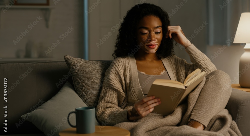 Cozy evening with african american woman reading a book in warm living room ambiance Cozy evening with african american woman reading a book in warm living room ambiance