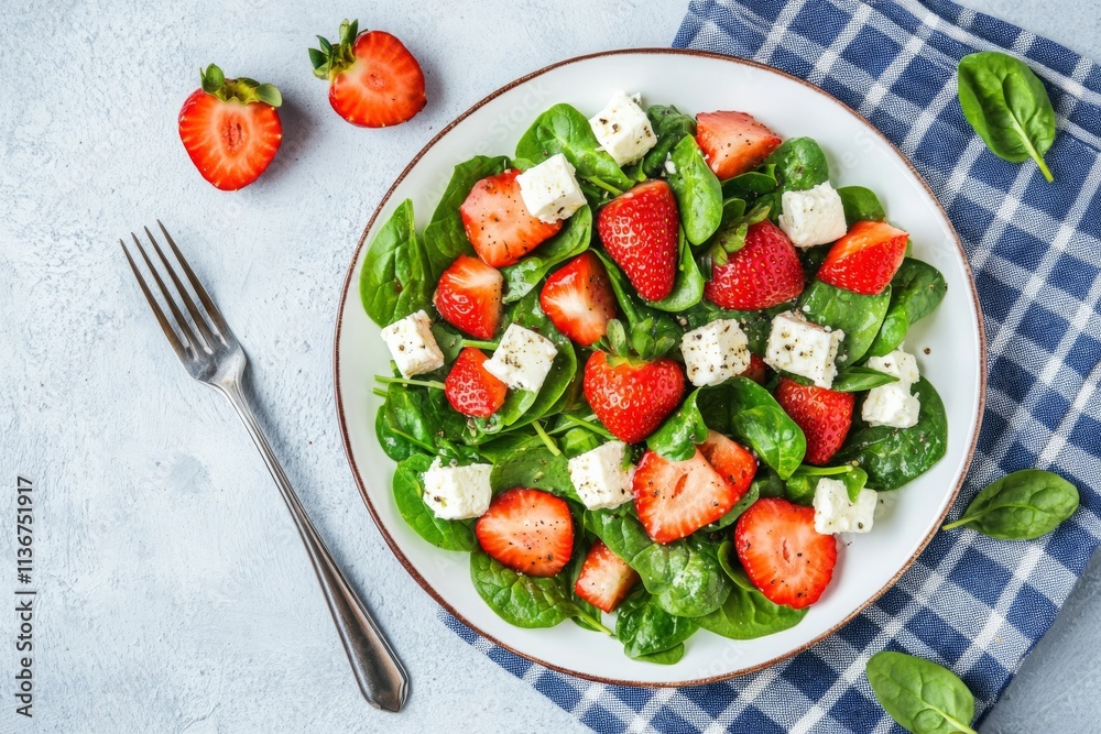Strawberries and dressing salad in white modern plate, striped blue linen napkin. Fresh organic strawberry salad with spinach, white goat feta cheese. Green healthy fruit mix. Top view, flat lay. Strawberries and dressing salad in white modern plate, striped blue linen napkin. Fresh organic strawberry salad with spinach, white goat feta cheese. Green healthy fruit mix. Top view, flat lay.