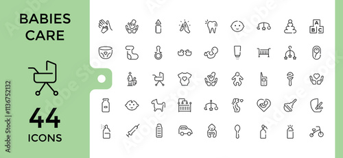 Babies Care icons set. Contains such icons as stroller, bear, bottle, safe, duck, birth, mother, milk. Minimalistic icons. Editable stroke. Vector illustration.