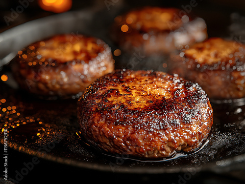 Frying Salisbury steaks in a hot pan.  photo