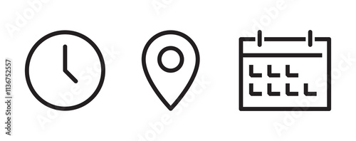 Time, Location, Date icon vector. Address location pointer calendar editable stroke icons set isolated on white background