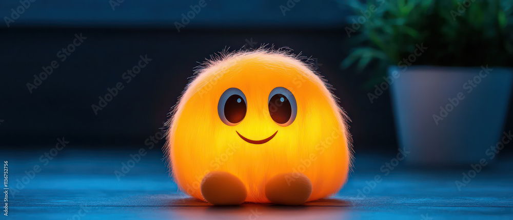 fluffy lamp with cheerful expression emits warm glow in cozy setting fluffy lamp with cheerful expression emits warm glow in cozy setting