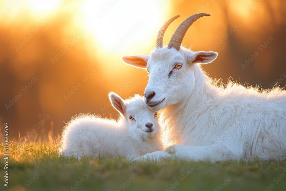 Obraz premium Golden Hour Goat Kid Farm Animals Sunset Peace