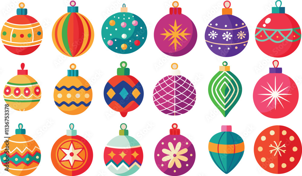 Set of Christmas Ornaments. Set of Christmas Balls, Set of Colorful Collection of 16 Festive Christmas Ornaments in Grid Arrangement Set of Christmas Ornaments. Set of Christmas Balls, Set of Colorful Collection of 16 Festive Christmas Ornaments in Grid Arrangement