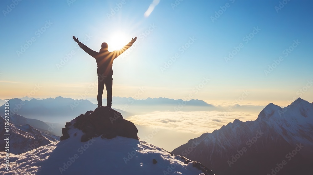 Individual Standing on Mountain Peak with Raised Arms Celebrating Nature's Beauty During Sunrise in a Snowy Landscape with Mist and Scenic Background Individual Standing on Mountain Peak with Raised Arms Celebrating Nature's Beauty During Sunrise in a Snowy Landscape with Mist and Scenic Background