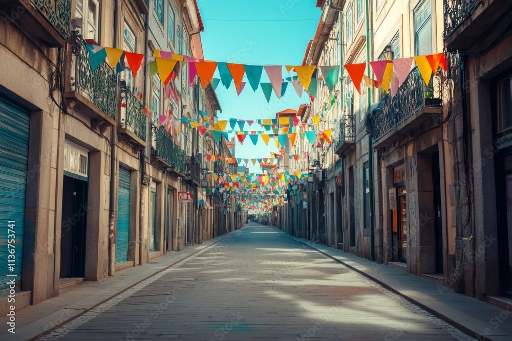 Fototapeta premium Quiet Porto Marathon Route with Flags