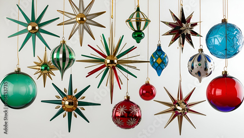 A vintage-inspired assortment of mid-century modern holiday decorations, including atomic starbursts and futuristic space-age designs, presented against a pure white background. photo