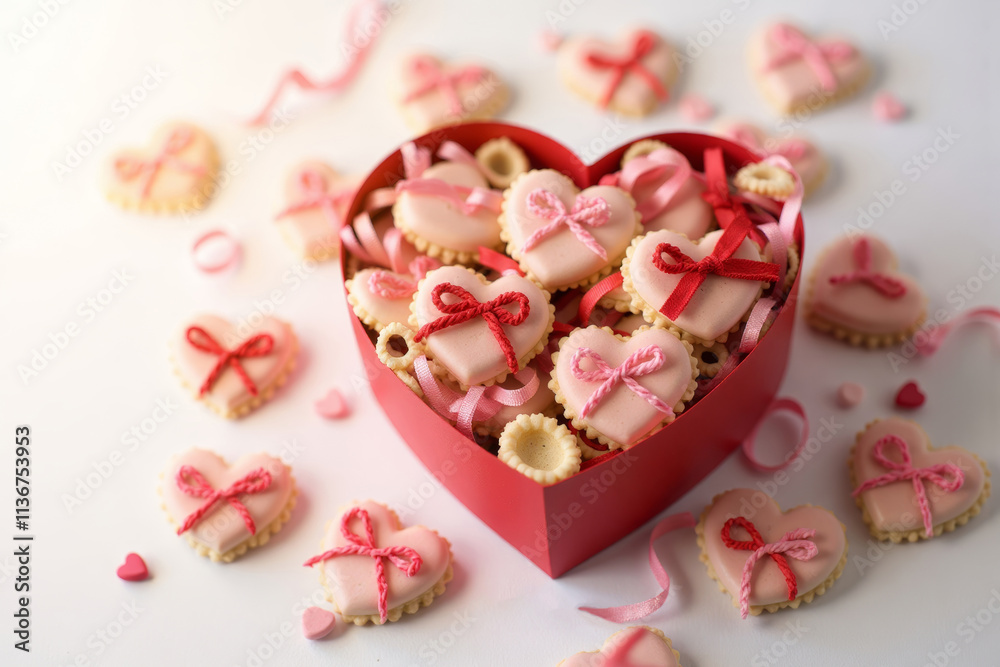 Heart-shaped gift box filled with decorated cookies and candy bows for sweet gifts and romantic occasions Heart-shaped gift box filled with decorated cookies and candy bows for sweet gifts and romantic occasions