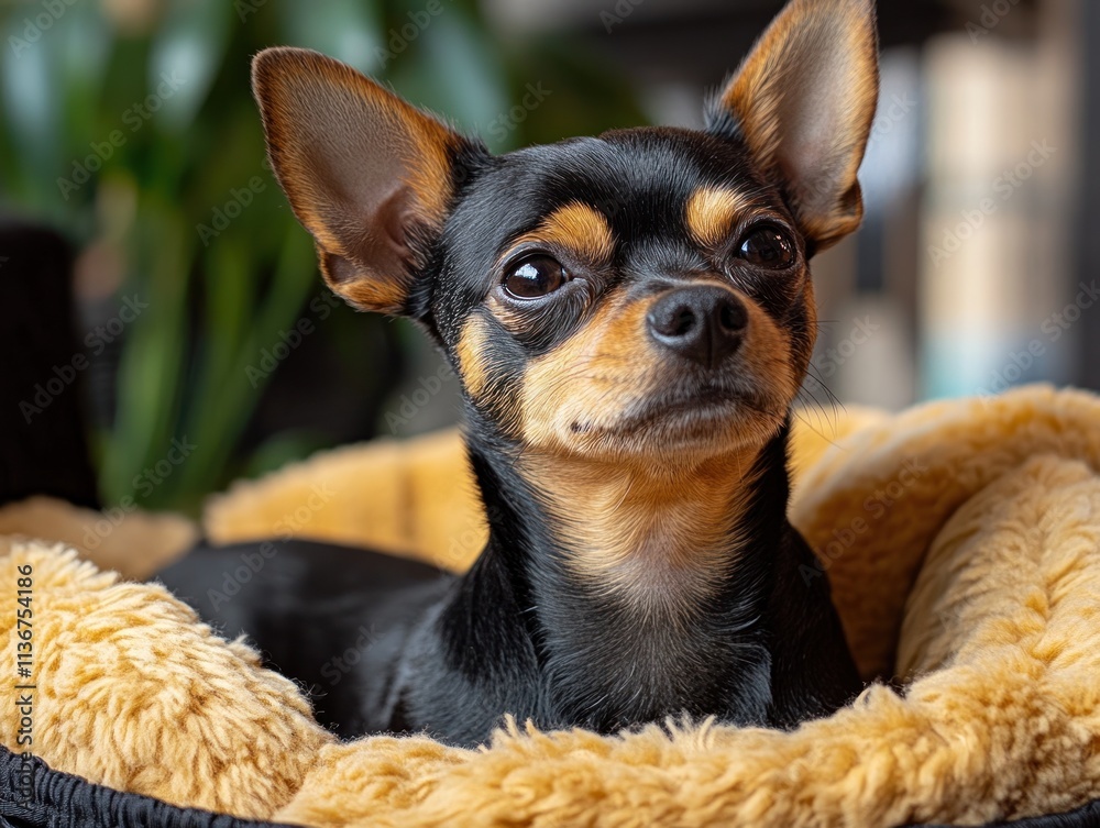 A small black and tan dog relaxes in a soft bed, enjoying the warm atmosphere at home A small black and tan dog relaxes in a soft bed, enjoying the warm atmosphere at home