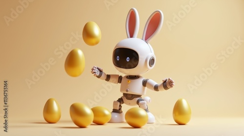  Adorable robot with bunny ears playing with golden eggs on a beige background. Concept of Easter, technology, and playful imagination. photo