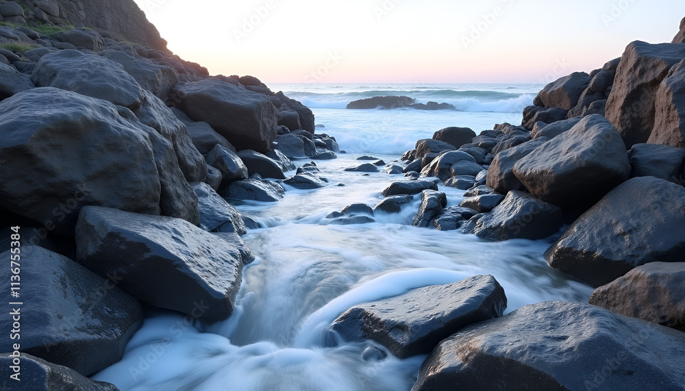 Obraz premium Winter thaw with flowing water over rocks at the beach during sunset