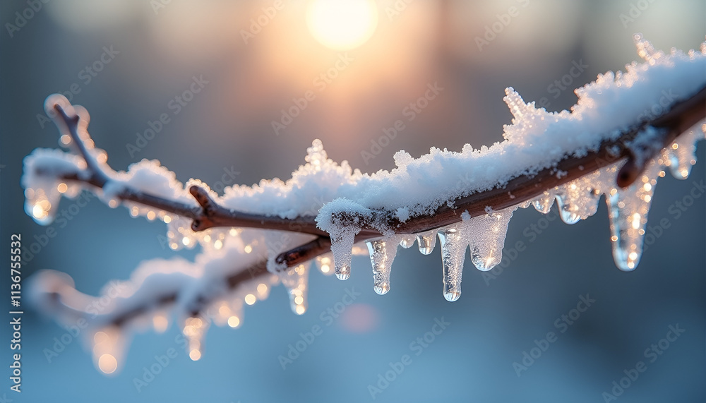 Obraz premium Close-up of a snow-covered branch with melting icicles illuminated by sunlight